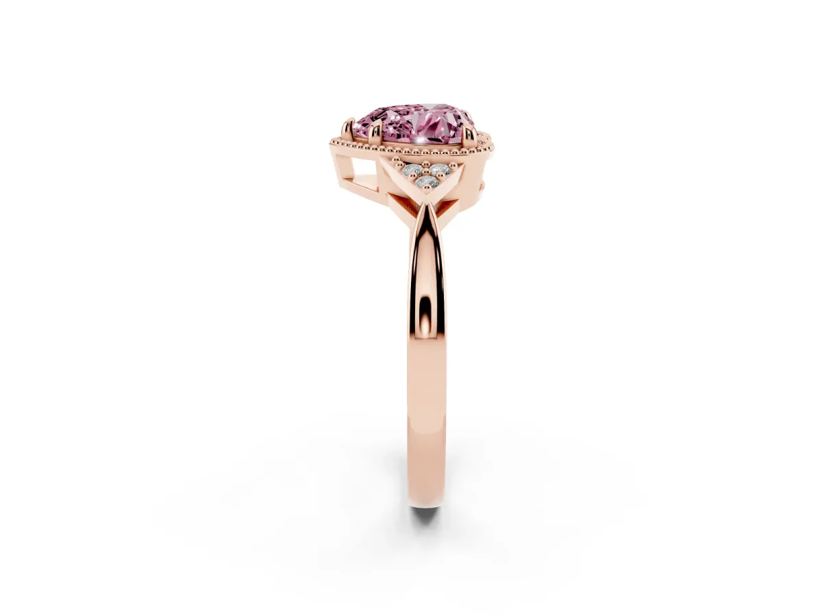 Fancy Pink Heart Cut Diamond Halo Ring with Tapered Band and Four-Prong Setting Rose gold