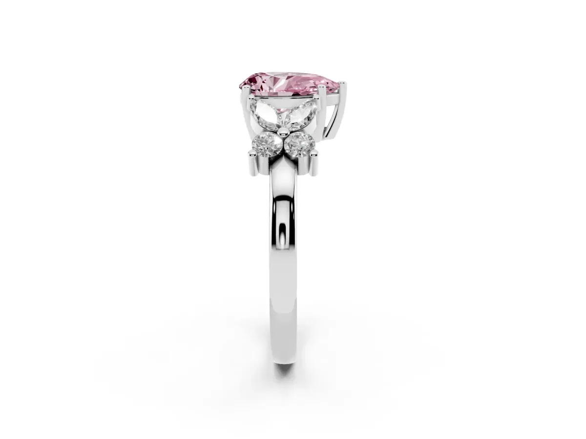 Fancy Pink Pear Cut Diamond Floral Cluster Ring with Solitaire Band and Prong Setting White gold