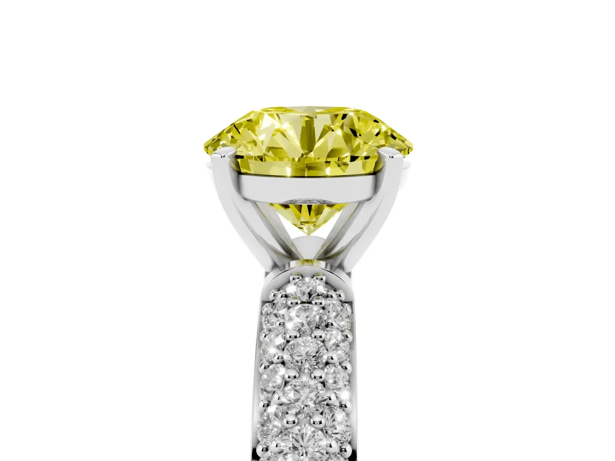 Fancy Yellow Round Cut Diamond Solitaire Ring with Prong Setting and Pavé Band Silver