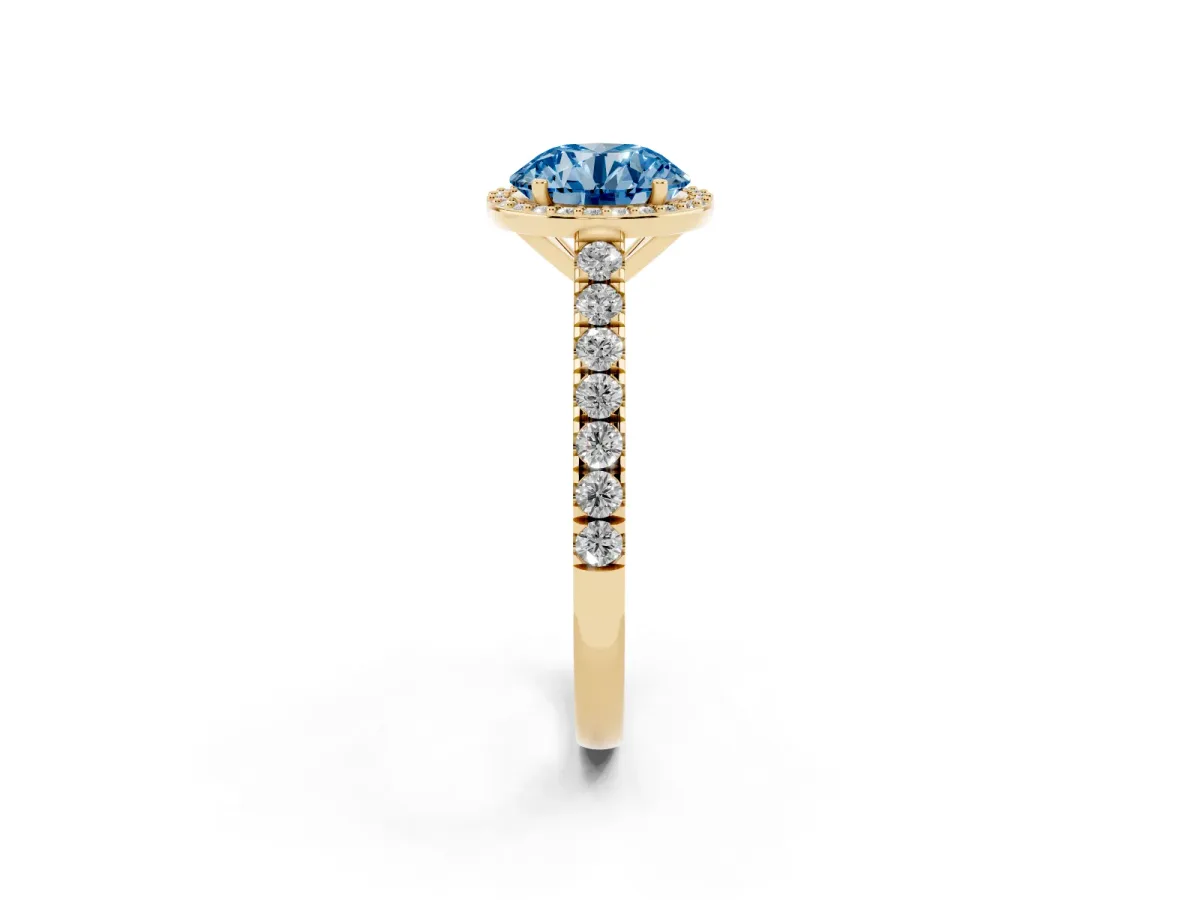 Fancy Blue Round Cut Cut Halo Diamond Engagement Ring with Pave Band and Four-Prong Setting Yellow gold