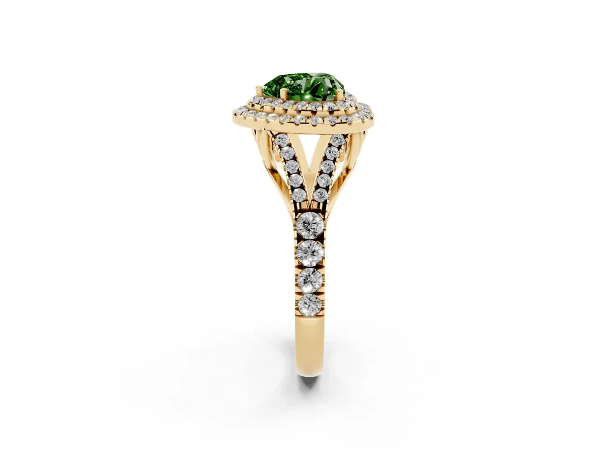 Fancy Green Double Halo Heart Cut Diamond Split Shank Engagement Ring with Four-Prong Setting Yellow gold