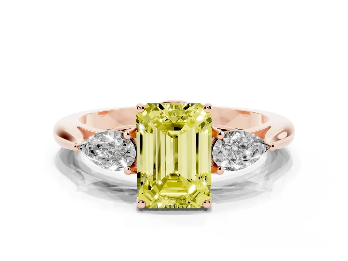 Fancy Yellow Emerald Cut Diamond Three-Stone Ring with Pear Side Stones and Prong Setting Rose gold