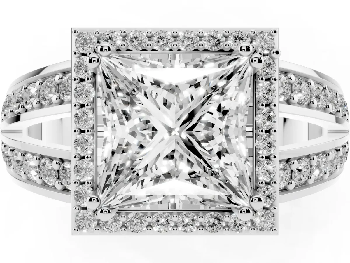 Princess Cut Diamond Halo Ring with Split Shank Pavé Band and Four-Prong Setting White gold