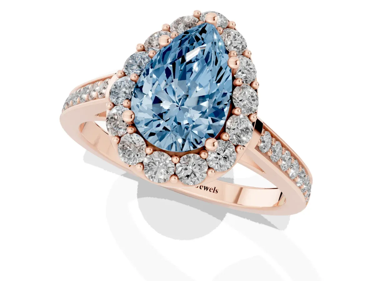 Fancy Blue Pear Cut Diamond Floral Halo Ring with Pavé Band and Prong Setting Rose gold