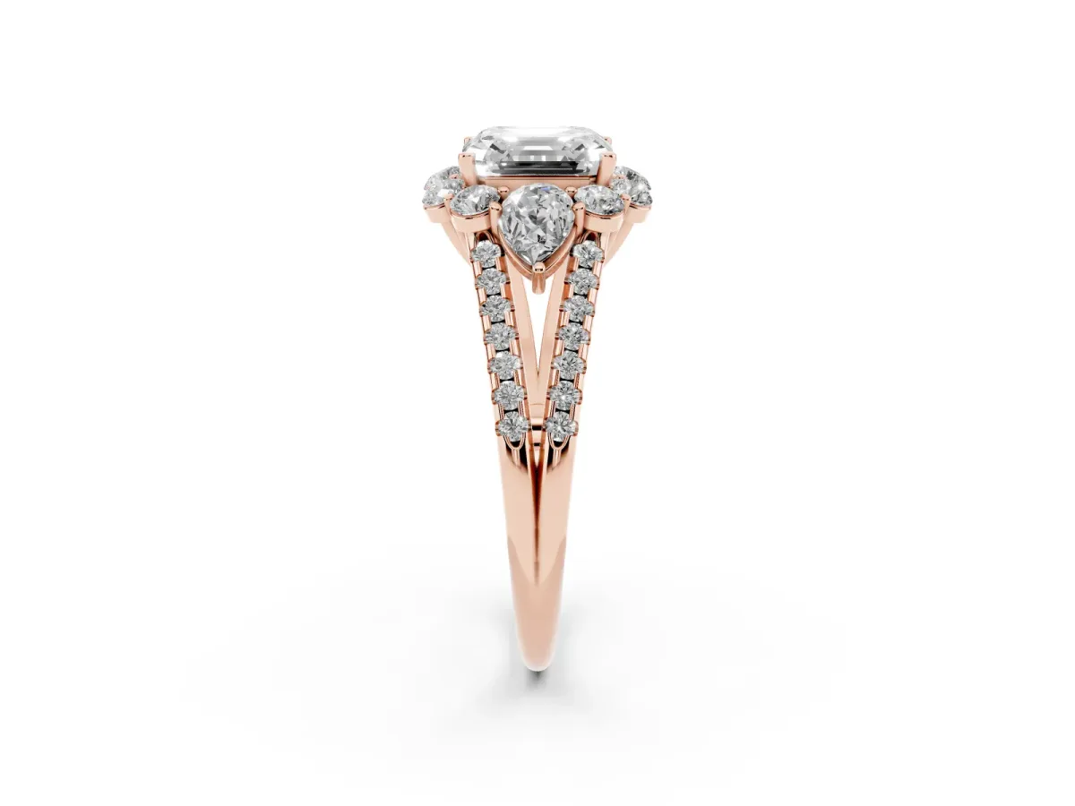 Asscher Cut Halo Split Shank Diamond Engagement Ring with Prong Setting Rose gold