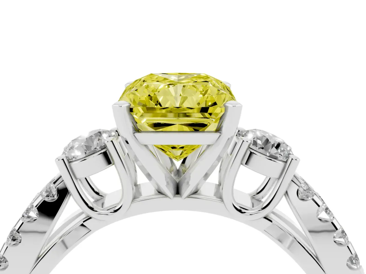 Fancy Yellow Radiant Cut Diamond Three-Stone Ring with Pavé Split Shank and Four-Prong Setting Silver