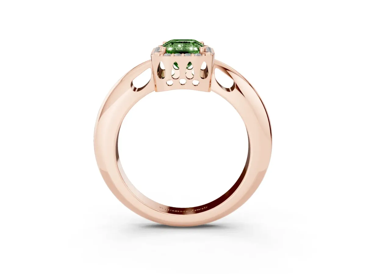 Fancy Green Emerald Cut Cut Diamond Halo Engagement Ring with Split Shank and Four-Prong Setting Rose gold