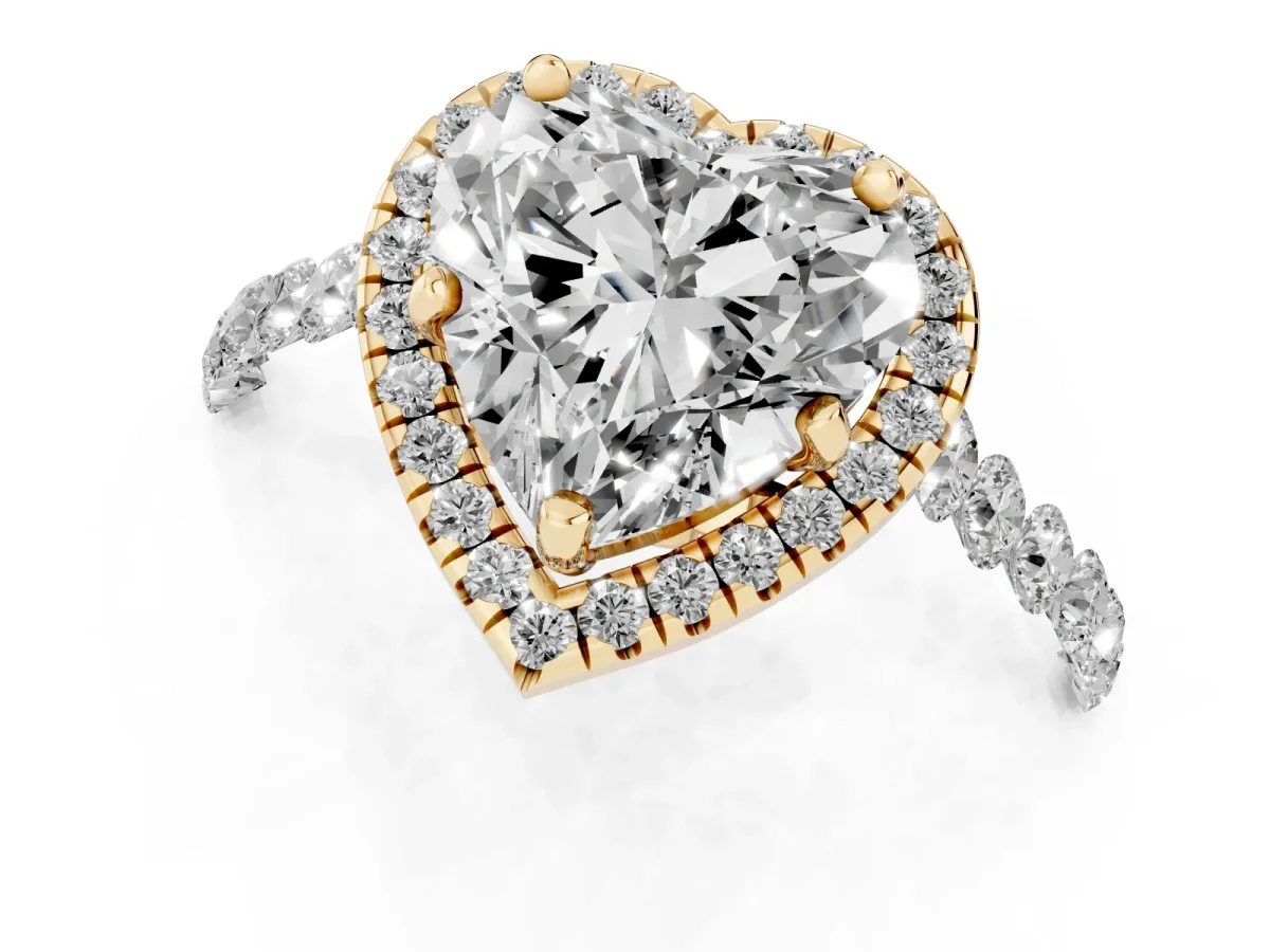 Heart Cut Halo Pavé Diamond Engagement Ring with Four-Prong Setting Yellow gold