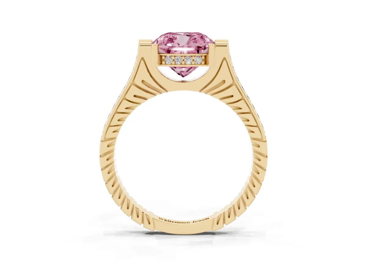 Fancy Pink Cushion Cut Solitaire Diamond Ring with Channel Set Band and Bezel Prong Setting Yellow gold