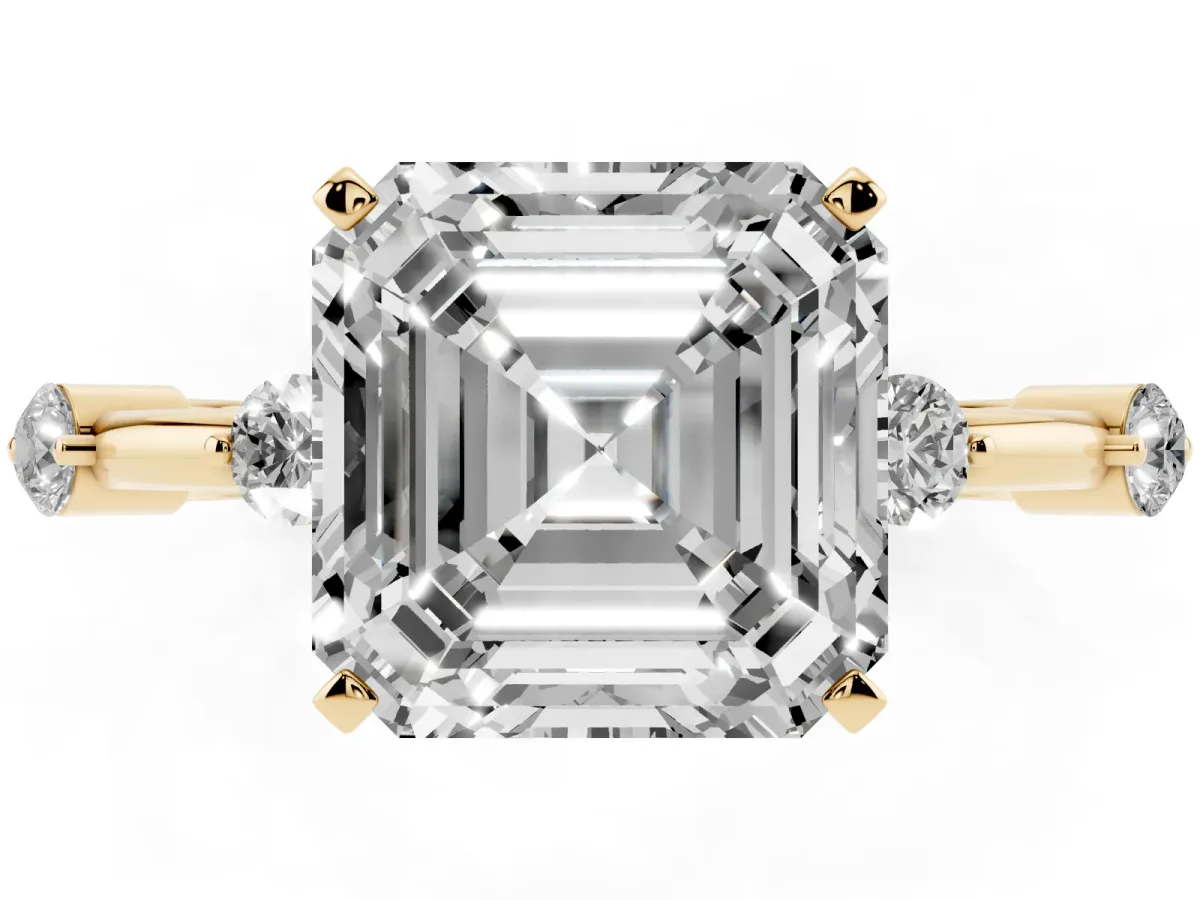 Asscher Cut Solitaire Diamond Ring with Bezel Set Side Stones and Prong Setting Yellow gold