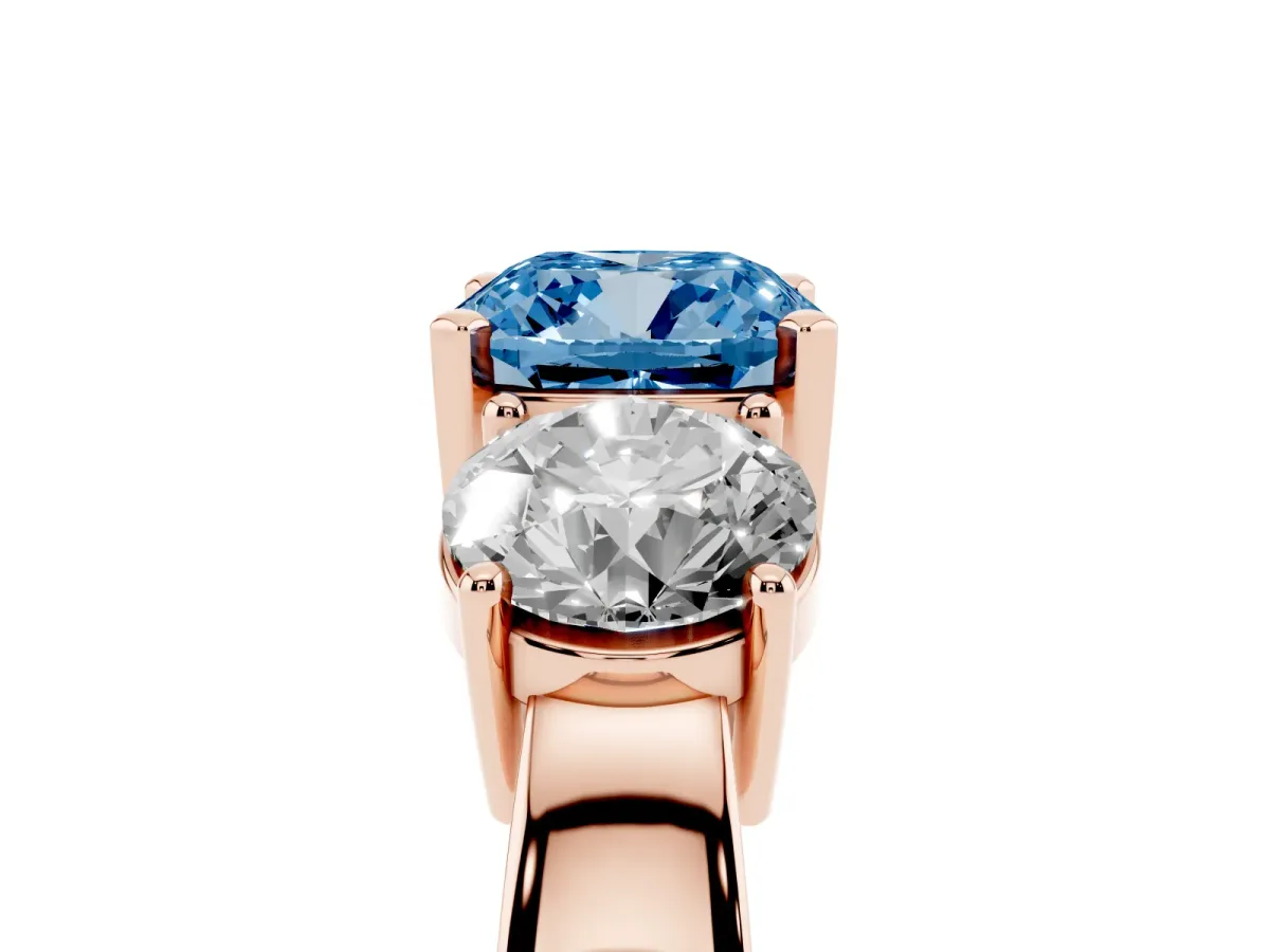Fancy Blue Three-Stone Cushion Cut Diamond Ring with Round Side Stones, Classic Band, and Four-Prong Setting Rose gold