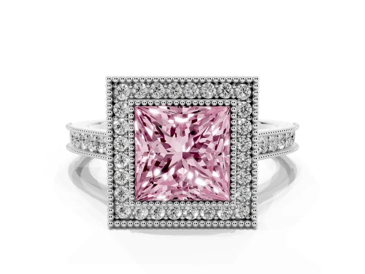 Fancy Pink Halo Princess Cut-Cut Diamond Pave Band Milgrain Prong Setting Ring Platinum