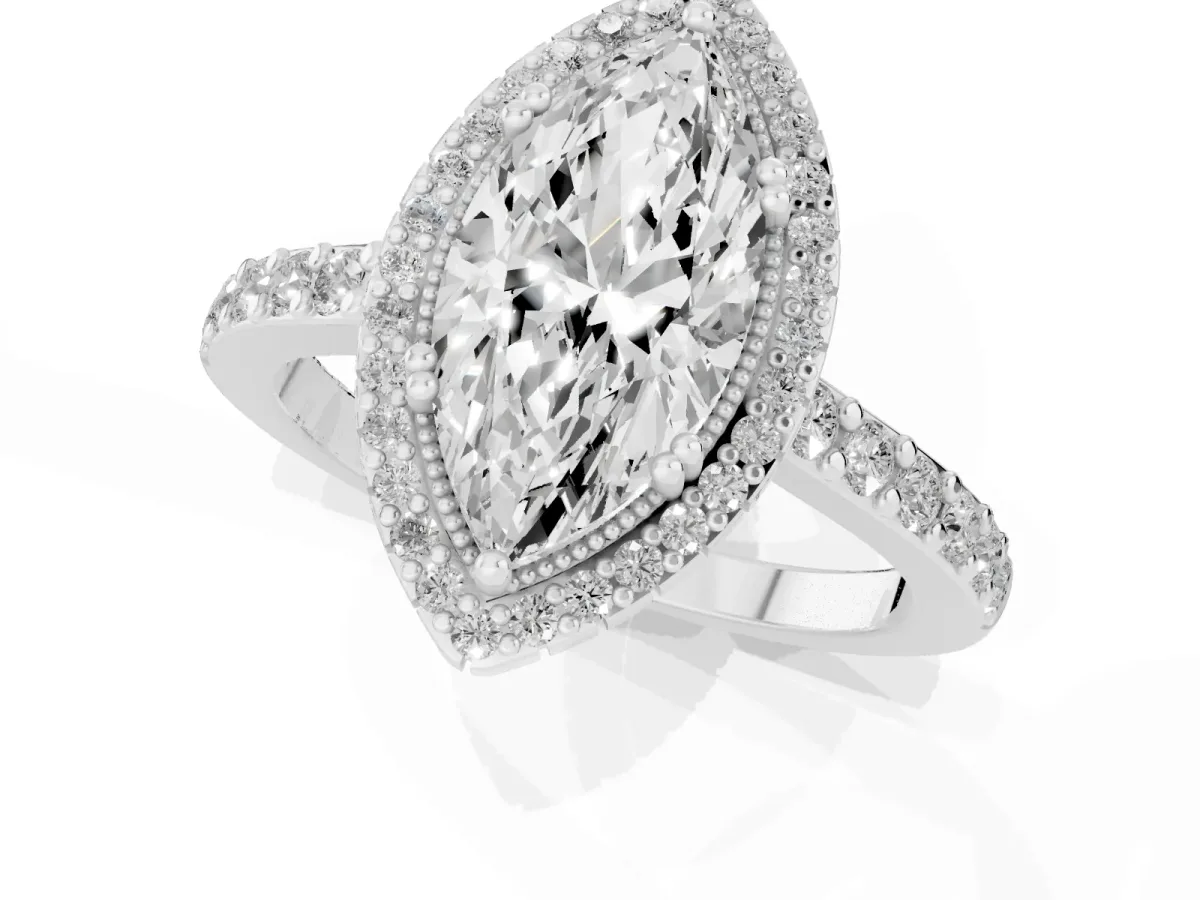 Marquise Cut Cut Diamond Halo Engagement Ring with Milgrain Detail and Pavé Band White gold