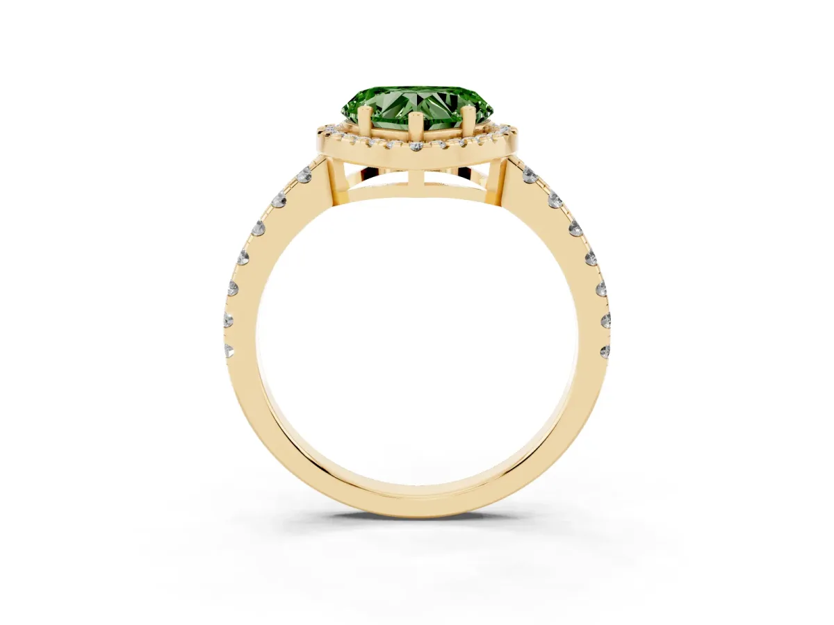 Fancy Green Heart Cut Diamond Halo Ring with Pavé Band and Four-Prong Setting Yellow gold