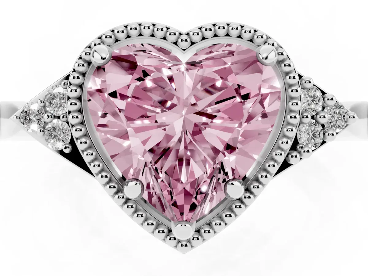Fancy Pink Milgrain Heart Cut Cut Diamond Ring with Tapered Pave Band and Four Prong Setting Platinum