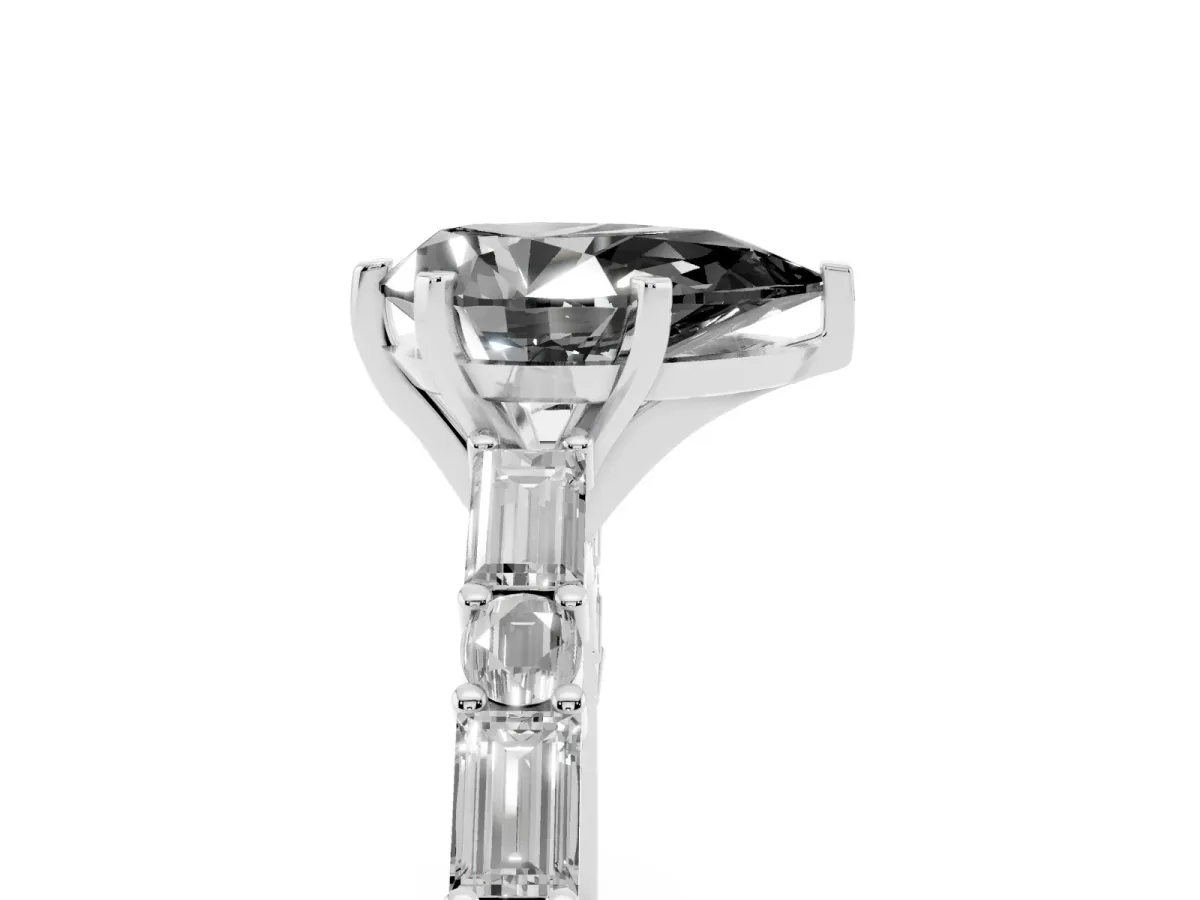 Fancy Black Pear Cut Diamond Solitaire with Side Baguettes and Channel Set Band White gold