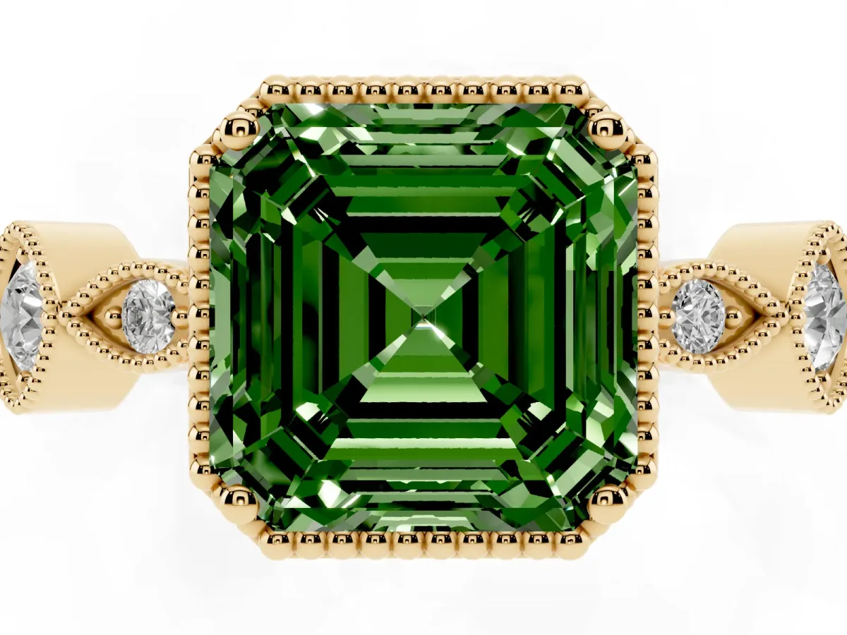 Fancy Green Asscher Cut Diamond Vintage Milgrain Ring with Round Stations Yellow gold