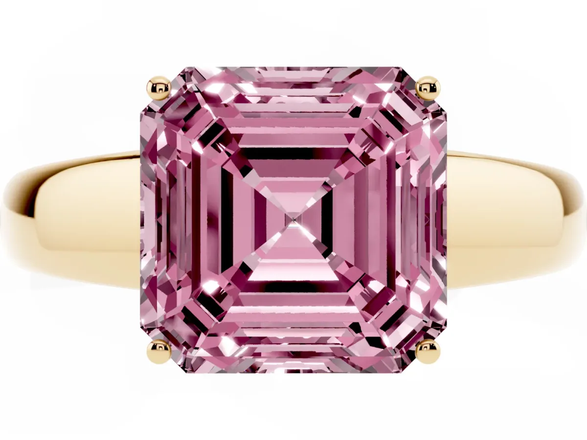 Fancy Pink Asscher Cut Solitaire Diamond Ring with Tapered Band and Four-Prong Setting Yellow gold