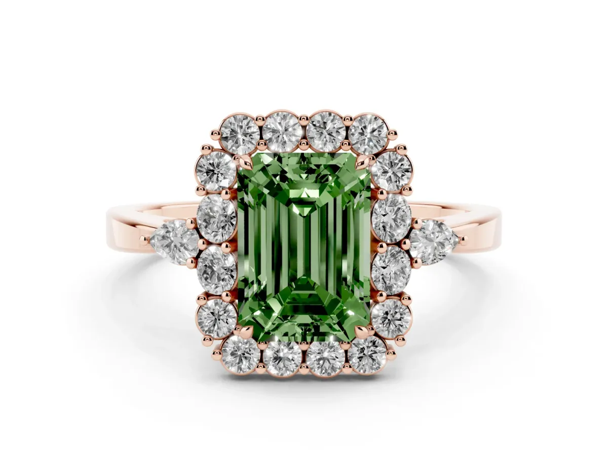 Fancy Green Emerald Cut Diamond Halo Ring with Pear Side Stones and Prong Setting Rose gold