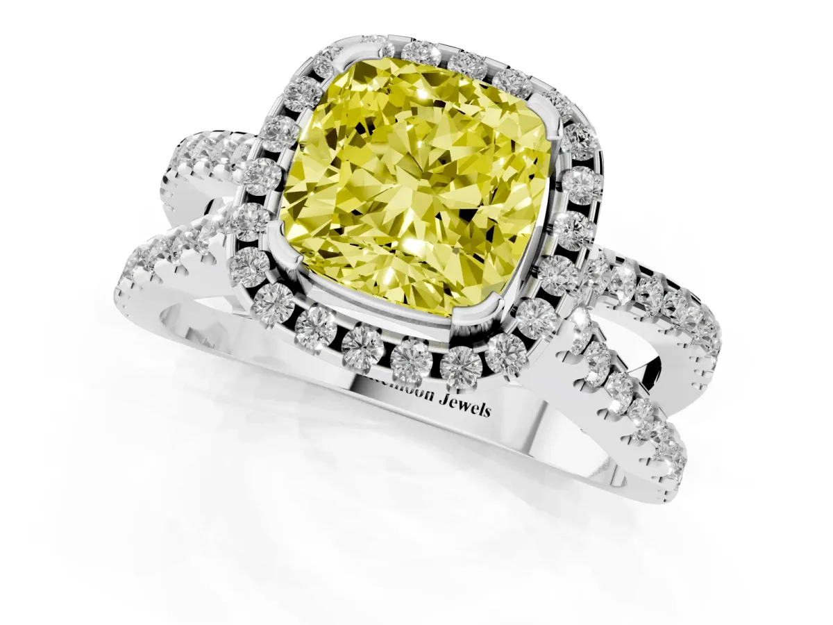 Fancy Yellow Cushion Cut Diamond Halo Ring with Split Shank Pavé Band and Prong Setting Platinum