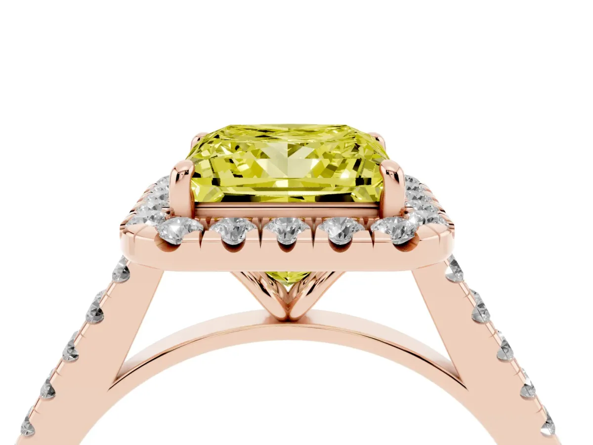 Fancy Yellow Princess Cut Halo Pave Diamond Engagement Ring with Four-Prong Setting Rose gold