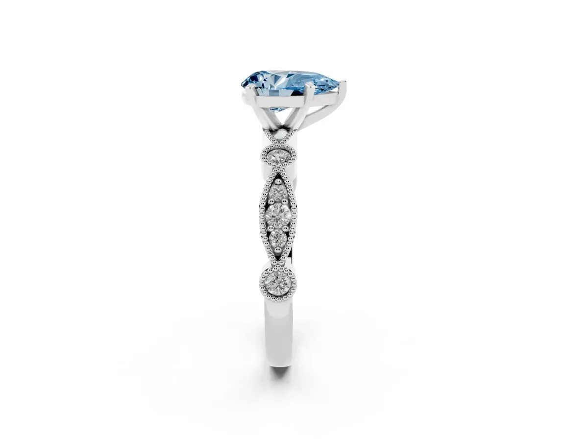 Fancy Blue Pear Cut Milgrain Bezel Diamond Engagement Ring with Solitaire Prong Setting Platinum
