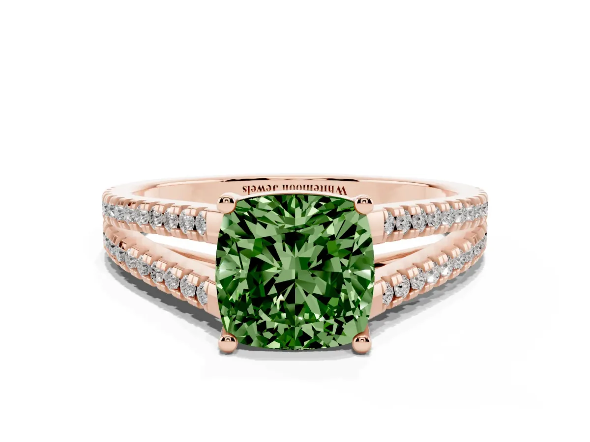 Fancy Green Cushion Cut Diamond Solitaire Engagement Ring with Split Shank Pavé Band Rose gold