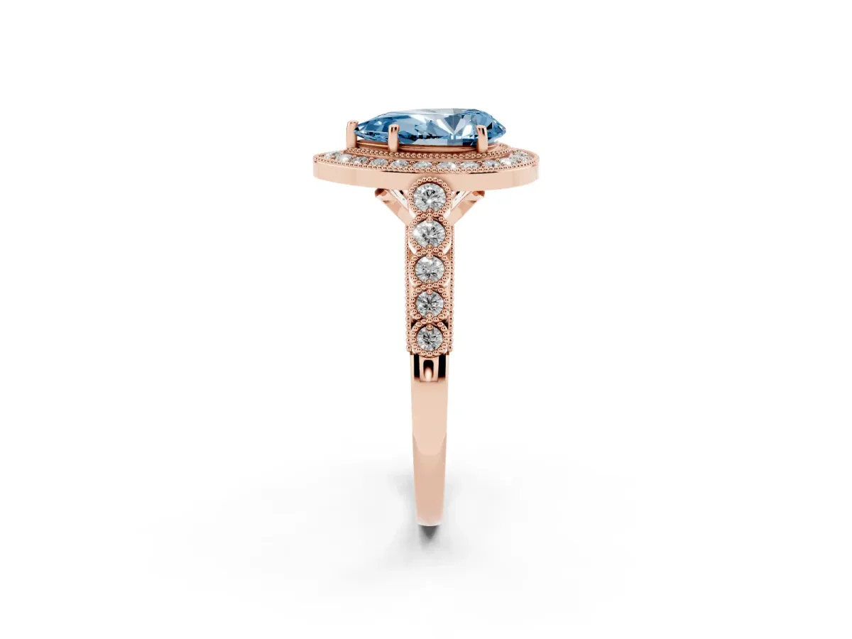 Fancy Blue Pear Cut Halo Milgrain Solitaire with Bezel Set Side Stones and Pave Band Rose gold