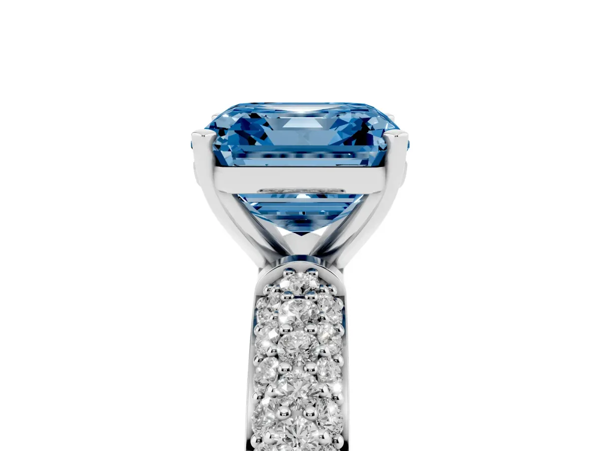Fancy Blue Asscher Cut Diamond Solitaire Ring with Prong Setting and Pavé Band Platinum