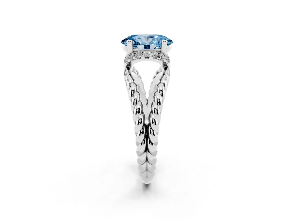 Fancy Blue Oval Cut Halo Twisted Band Four-Prong Ring Silver