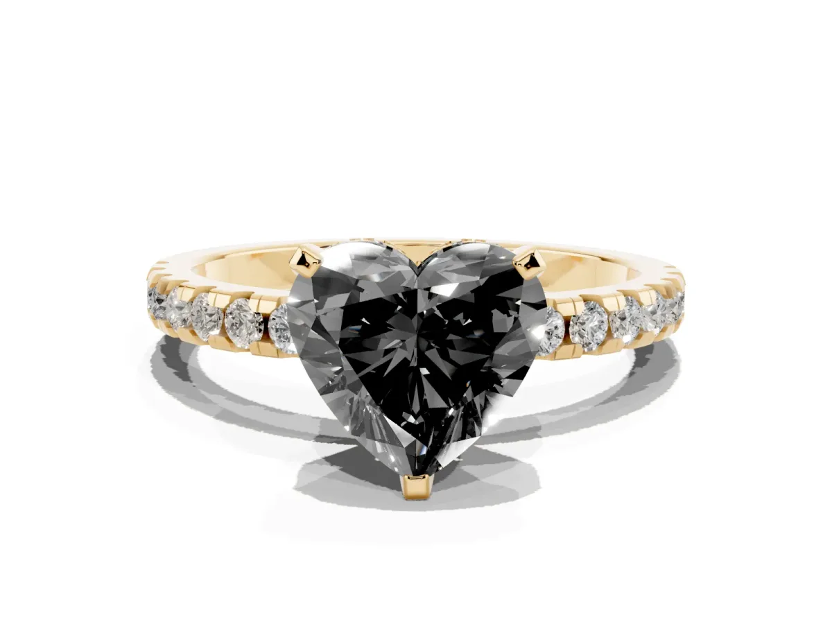 Fancy Black Heart Cut Diamond Solitaire Ring with Round Pavé Band and Four-Prong Setting Yellow gold