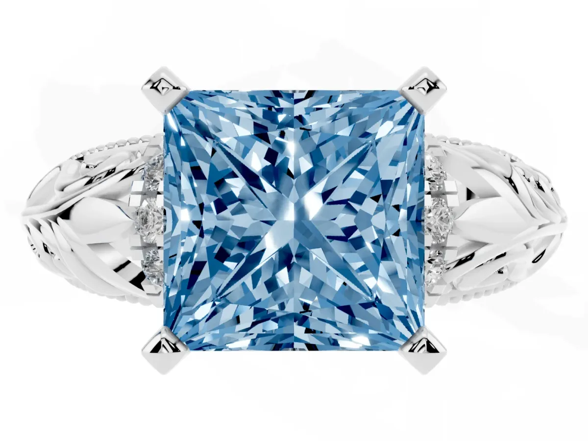 Fancy Blue Princess Cut Solitaire Filigree Engagement Ring with Halo and Prong Setting White gold