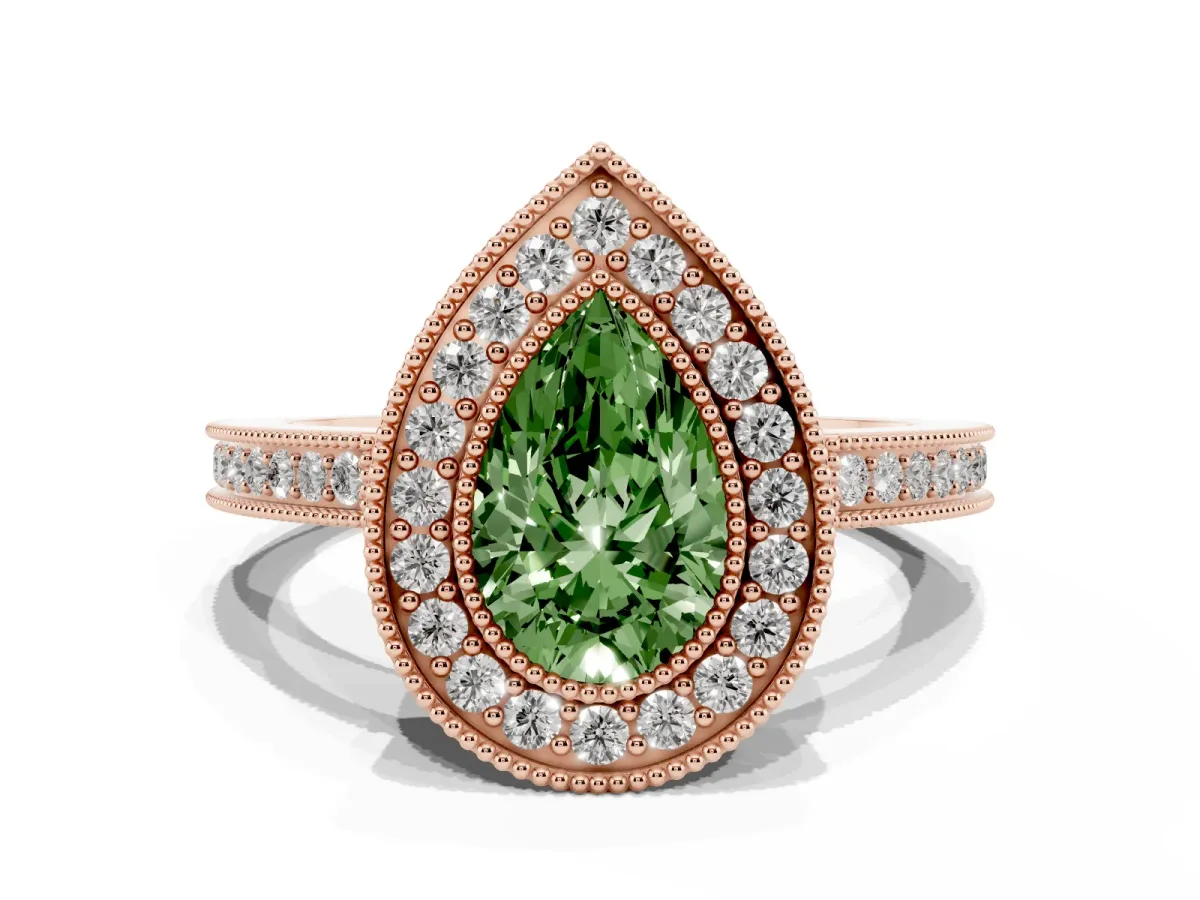 Fancy Green Pear Cut Cut Halo Diamond Ring with Pavé Band and Milgrain Prong Setting Rose gold