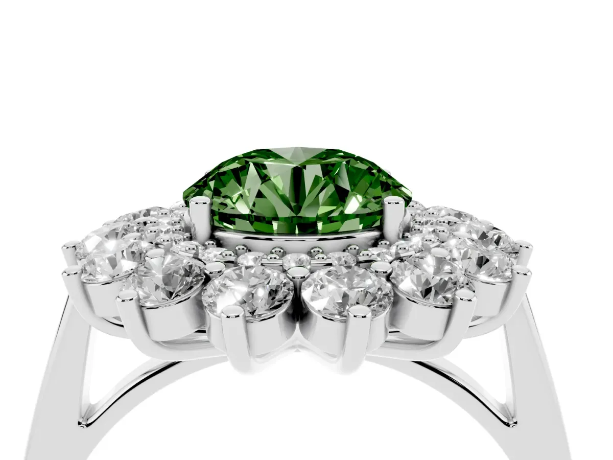 Fancy Green Round Cut Diamond Floral Double Halo Engagement Ring with Prong Setting Platinum