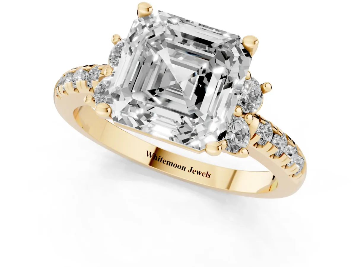 Asscher Cut Diamond Three-Stone Pave Band with Four-Prong Setting Yellow gold