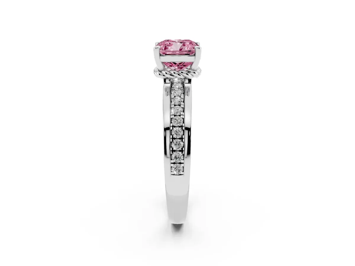 Fancy Pink Cushion Cut Solitaire Diamond Ring with Channel Set Band and Six-Prong Setting White gold