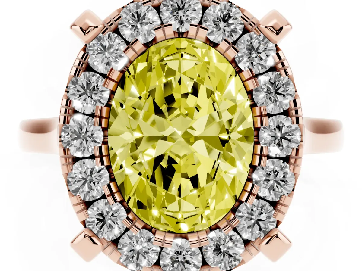 Fancy Yellow Oval Cut Diamond Cluster Halo Solitaire with Four-Prong Setting Rose gold