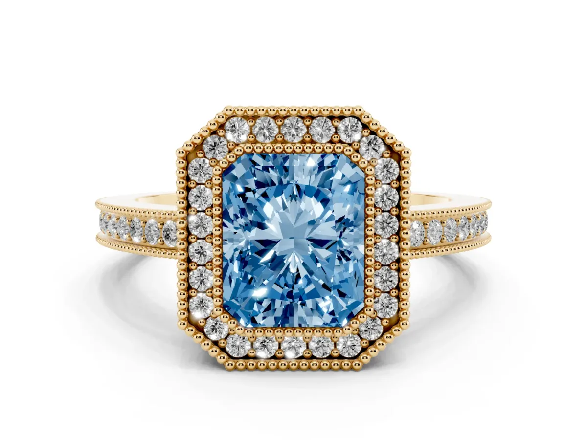 Fancy Blue Radiant Cut Cut Halo Diamond Ring with Pavé Band and Milgrain Prong Setting Yellow gold