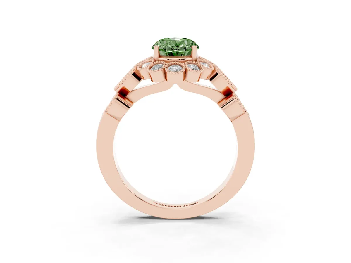 Fancy Green Oval Cut Brilliant Milgrain Pave Heart Band Solitaire Ring Rose gold