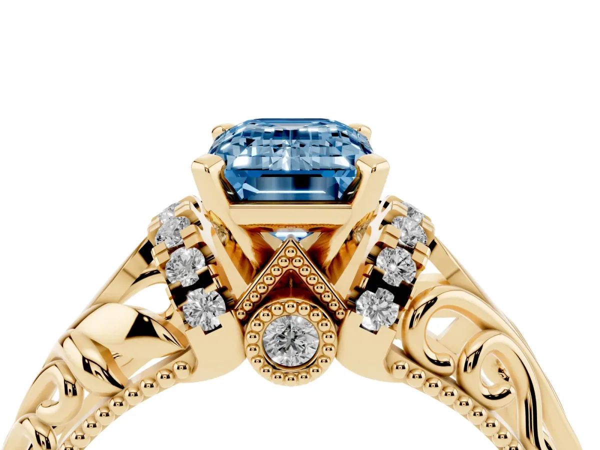 Fancy Blue Emerald Cut Solitaire Filigree Engagement Ring with Halo and Prong Setting Yellow gold