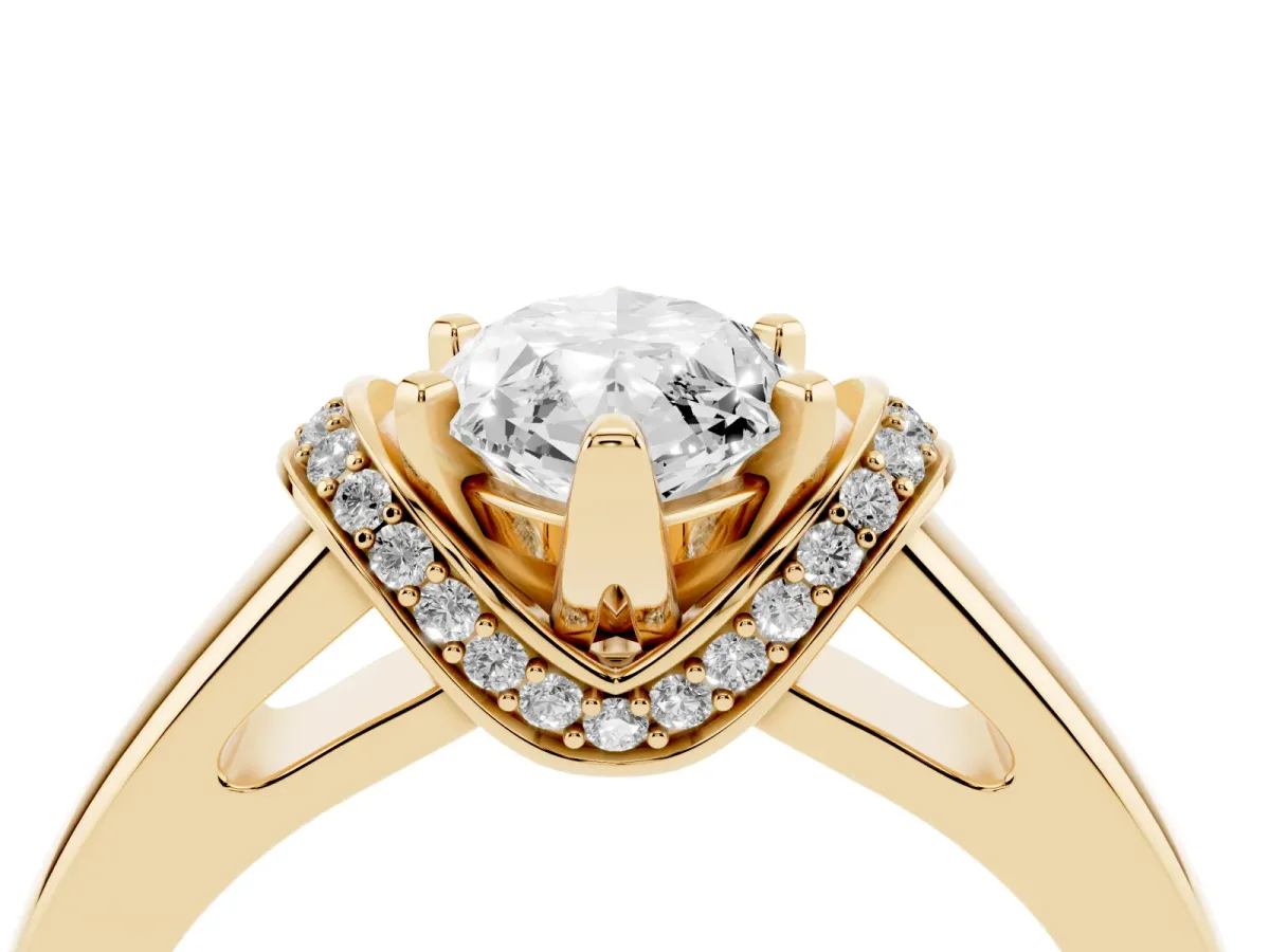 Marquise Cut Solitaire Diamond Ring with Pave Band and Six-Prong Setting Yellow gold