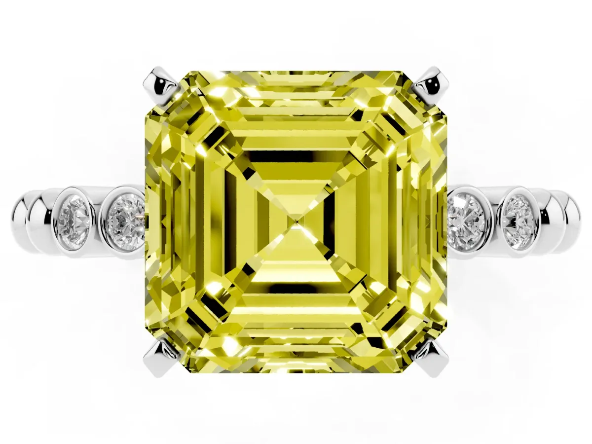 Fancy Yellow Asscher Cut Solitaire Bezel Accent Diamond Engagement Ring with Beaded Band and Four-Prong Setting White gold