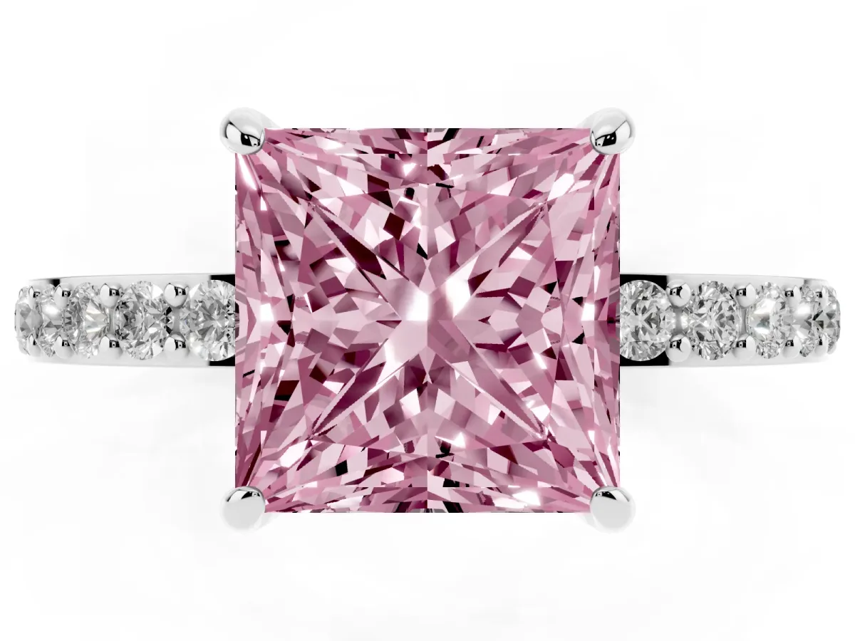 Fancy Pink Princess Cut Diamond Solitaire Engagement Ring with Pavé Band and Four-Prong Setting Silver