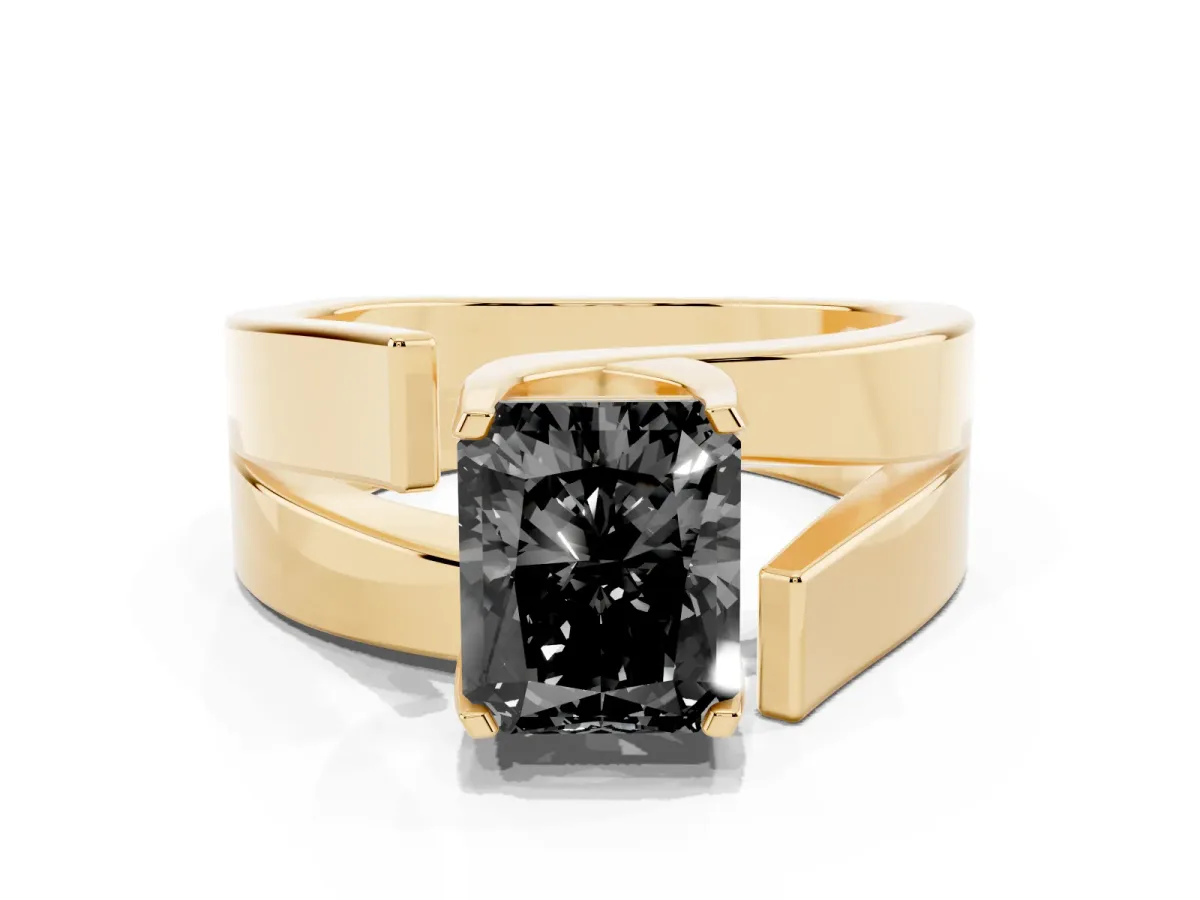 Fancy Black Modern Tension Set Radiant Cut Diamond Solitaire Wide Band Ring Yellow gold