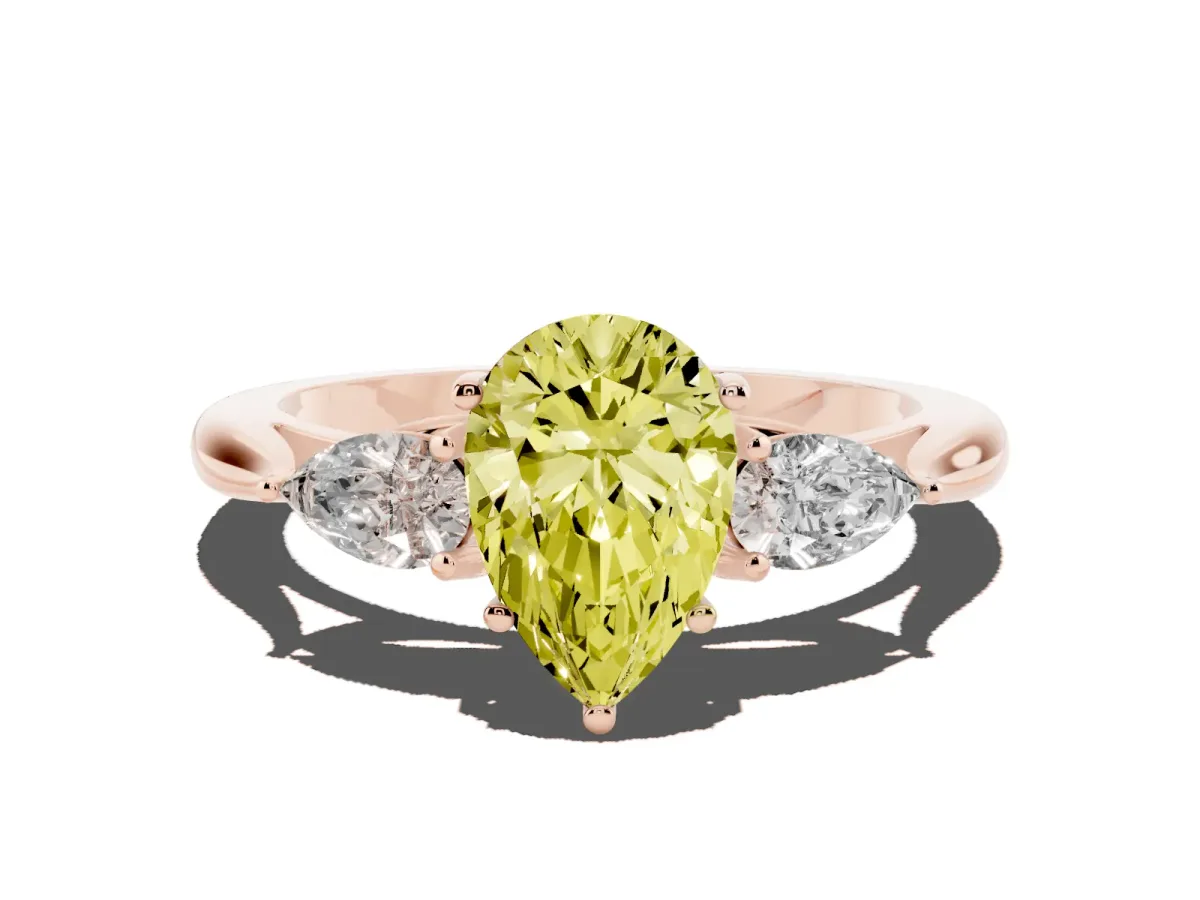 Fancy Yellow Three-Stone Pear Cut Diamond Ring with Pear Side Stones in Four-Prong Setting Rose gold