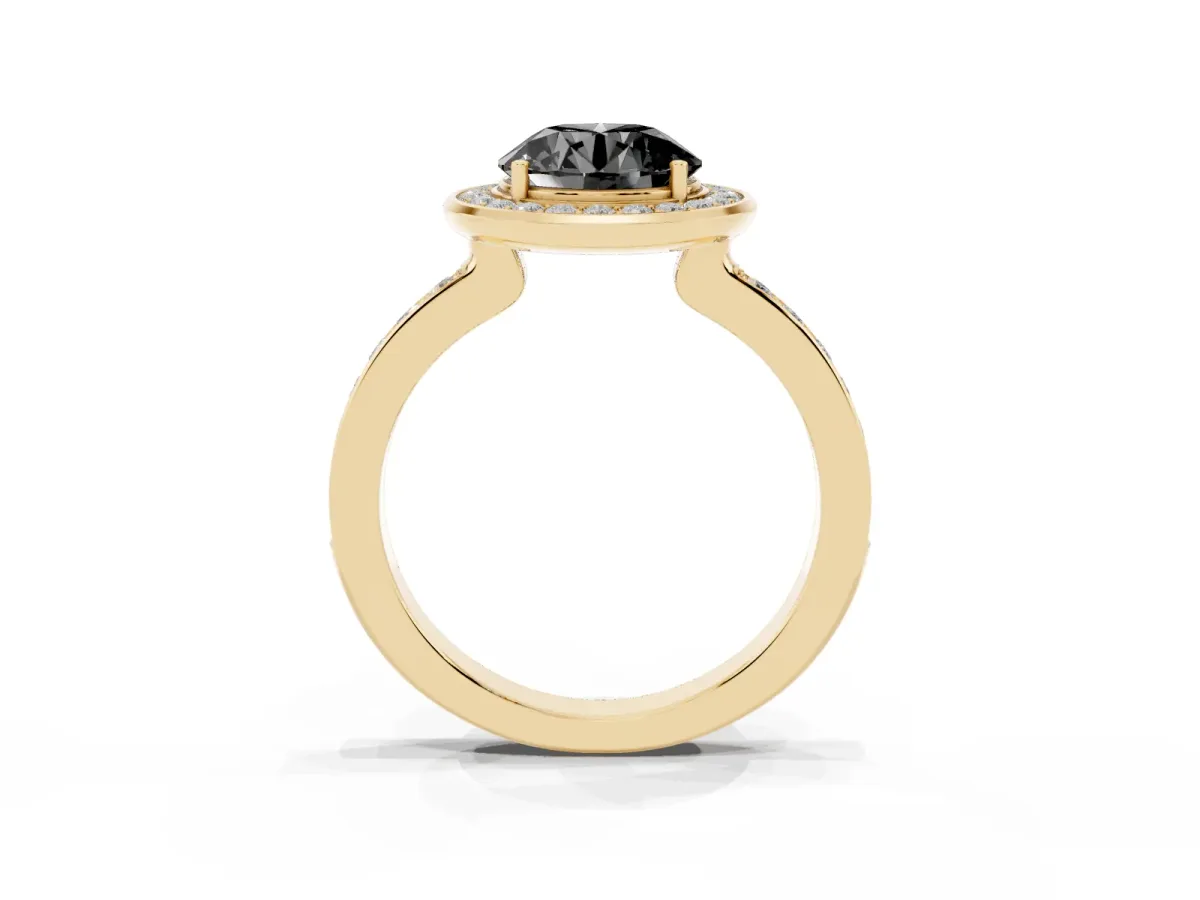 Fancy Black Round Cut Diamond Halo Ring with Bezel Frame and Pavé Band Yellow gold