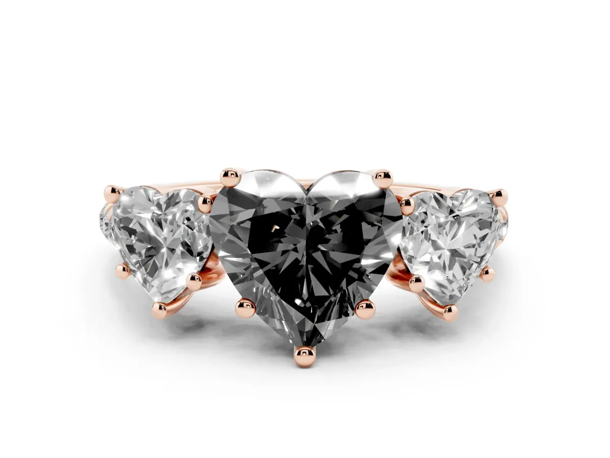 Fancy Black Three-Stone Heart Cut Diamond Ring with Round Pavé Band and Prong Setting Rose gold