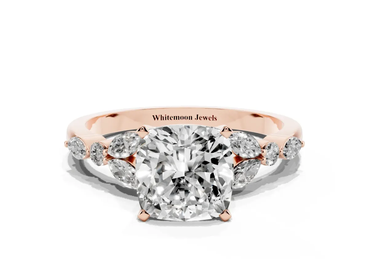 Cushion Cut Diamond Solitaire Ring with Side Stones and Four-Prong Setting Rose gold