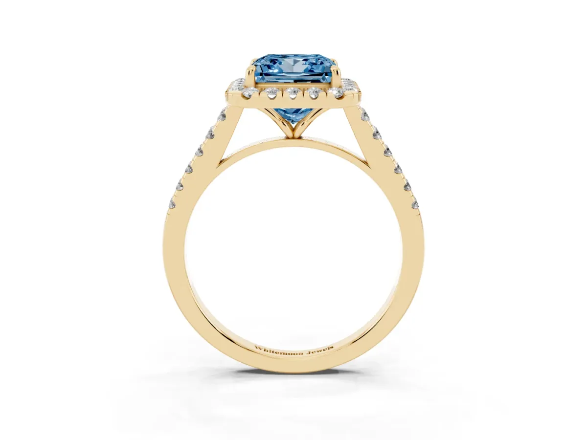 Fancy Blue Princess Cut Halo Pave Diamond Engagement Ring with Four-Prong Setting Yellow gold