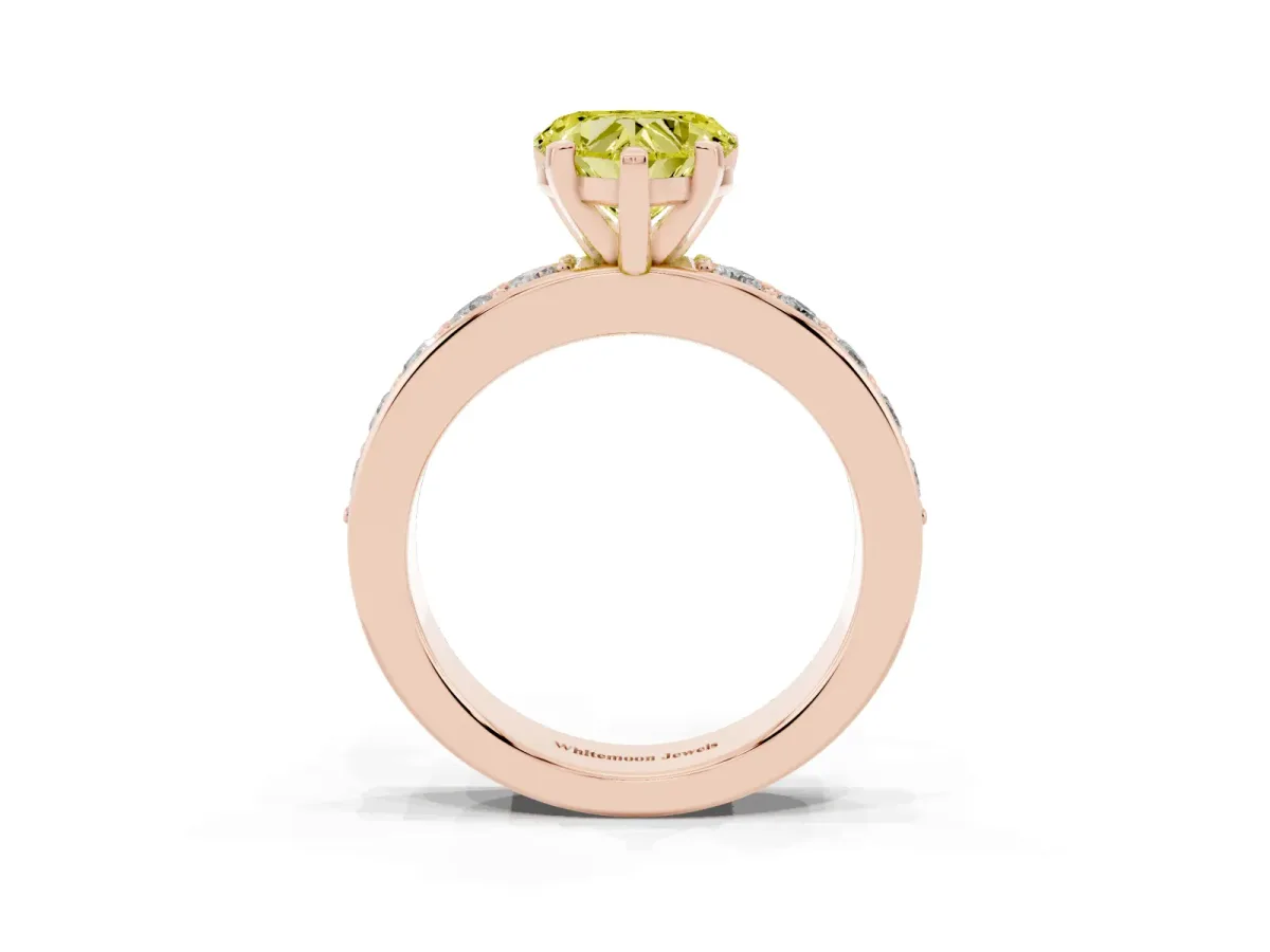 Fancy Yellow Heart Cut Diamond Engagement Ring with Channel Set Round Band and Prong Setting Rose gold